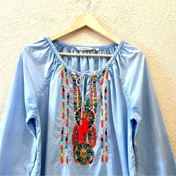 Soft Surroundings Top Peasant Cotton Poplin Embroidered Tassel Artsy Boho Blue L - Picture 3 of 7